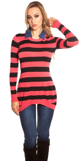 Trendy fine knit long jumper + jeans collar Coral